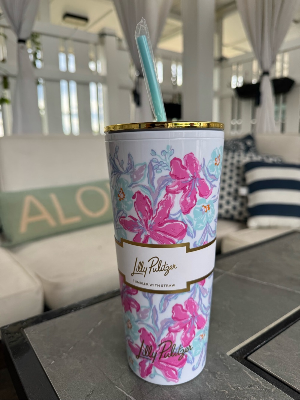 Lilly Pulitzer 24 Oz Floral Tumbler Aqua Straw Gold Lid NWT